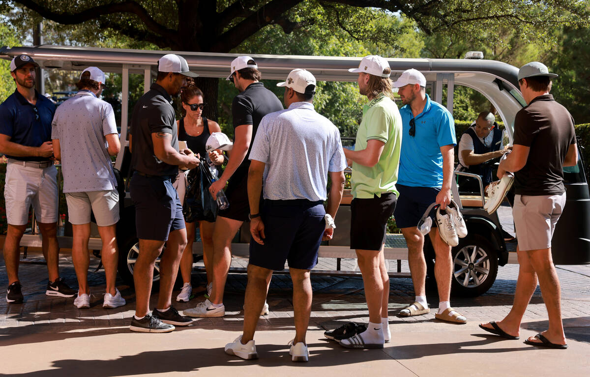 Vegas Golden Knights players mingle during the 2024 VGK Golf Classic at Wynn Golf Club on the S ...