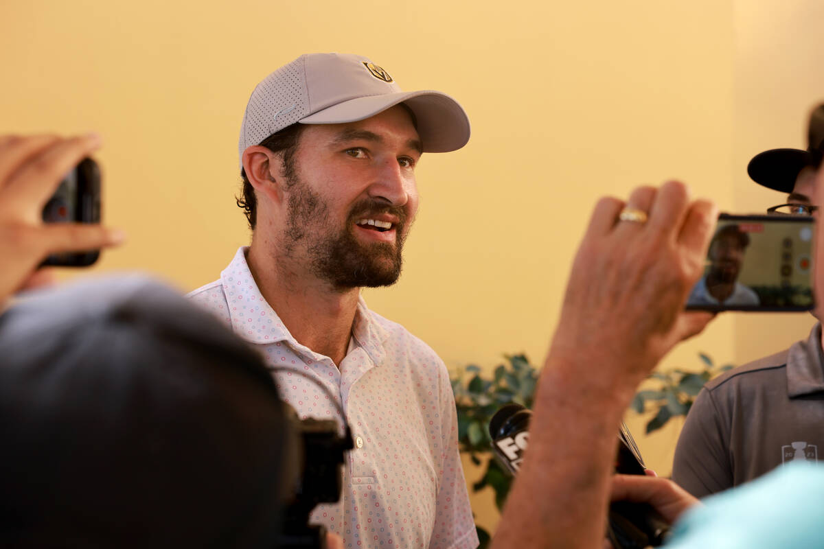 Vegas Golden Knights captain Mark Stone talks to the news media during the 2024 VGK Golf Classi ...