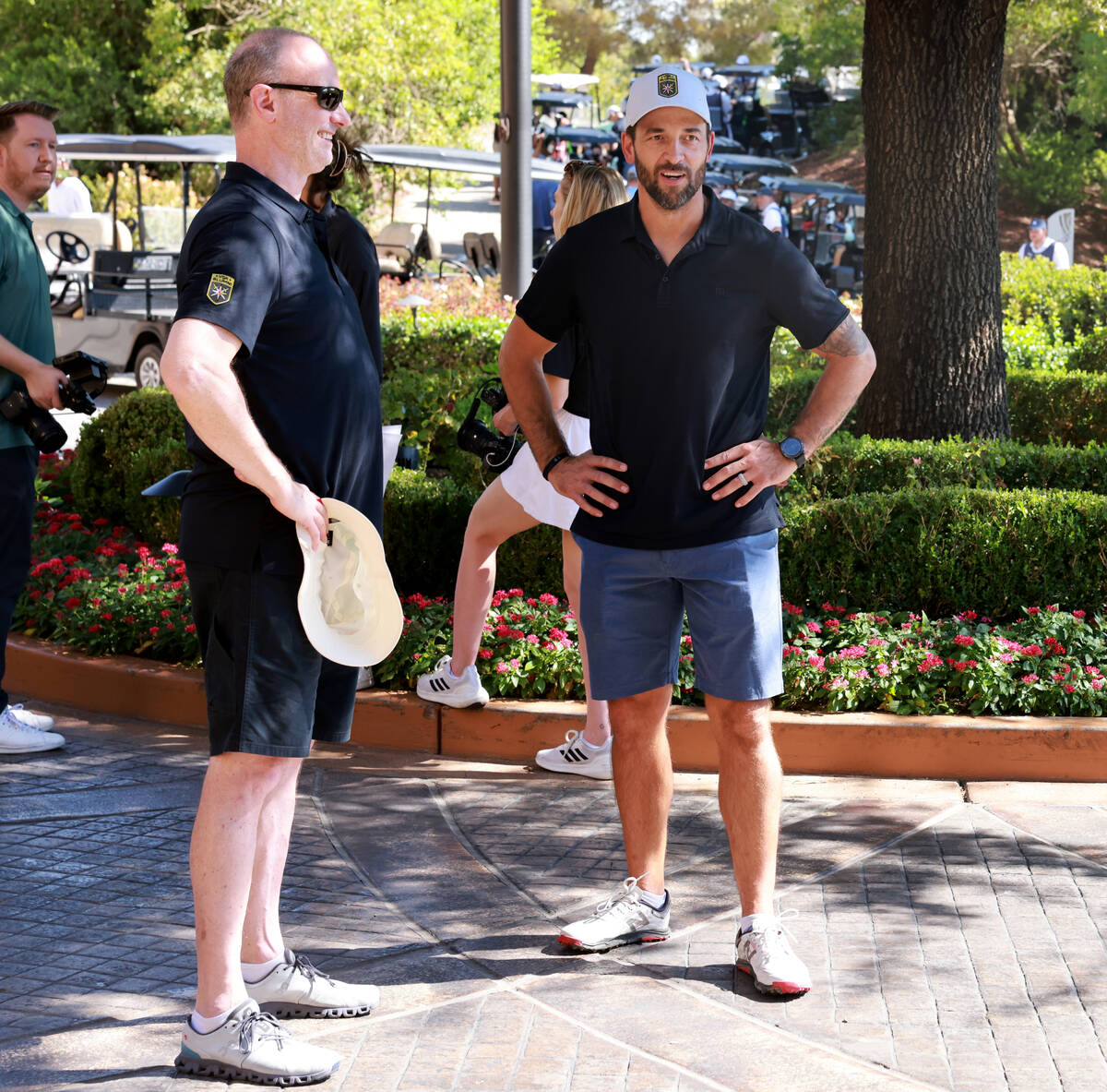 Former Vegas Golden Knights defenseman Deryk Engelland, left, mingles during the 2024 VGK Golf ...