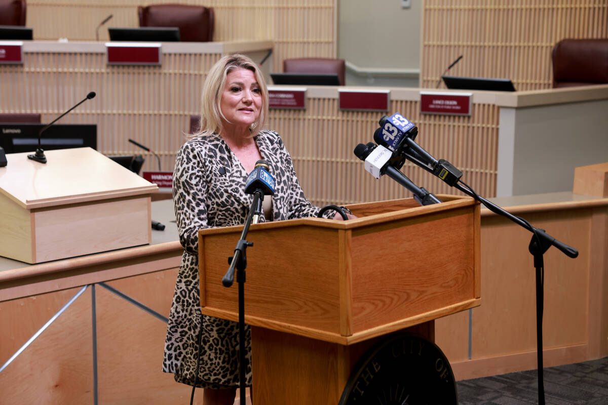 Henderson Mayor Michelle Romero talks to the news media at City Council chamber Tuesday, Sept. ...