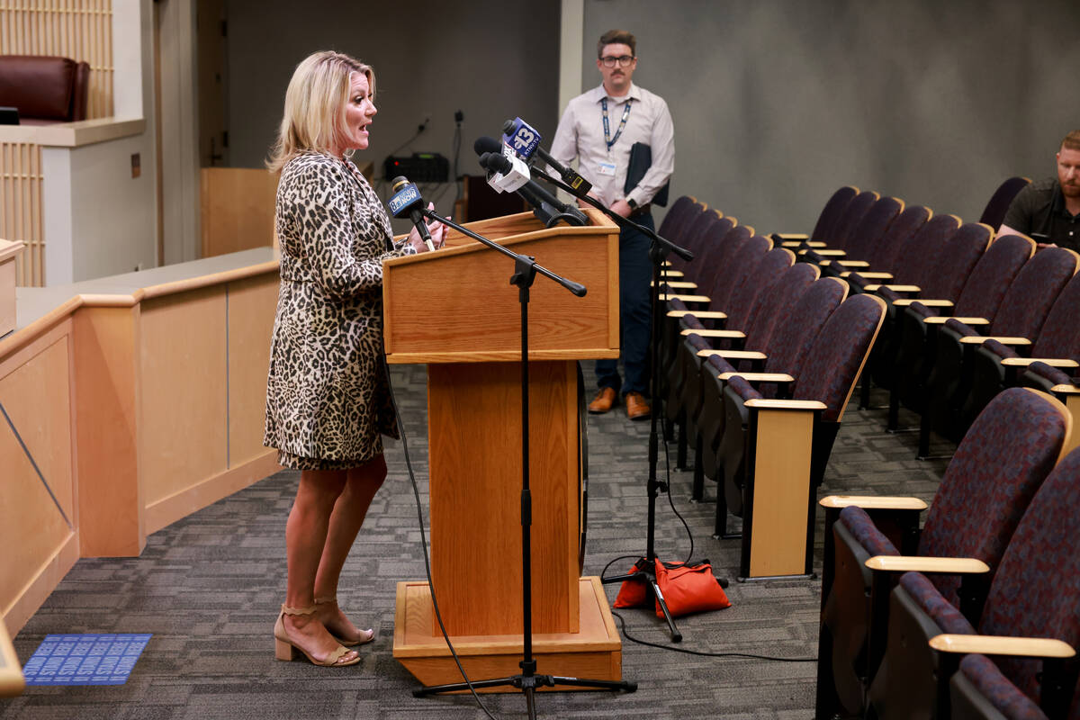 Henderson Mayor Michelle Romero talks to the news media at City Council chamber Tuesday, Sept. ...