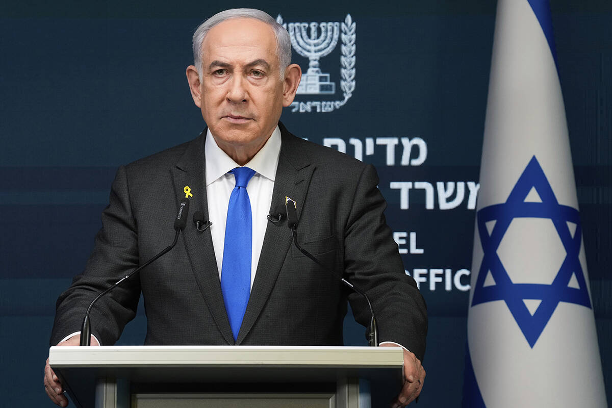 Israeli Prime Minister Benjamin Netanyahu speaks during a news conference in Jerusalem, Monday, ...