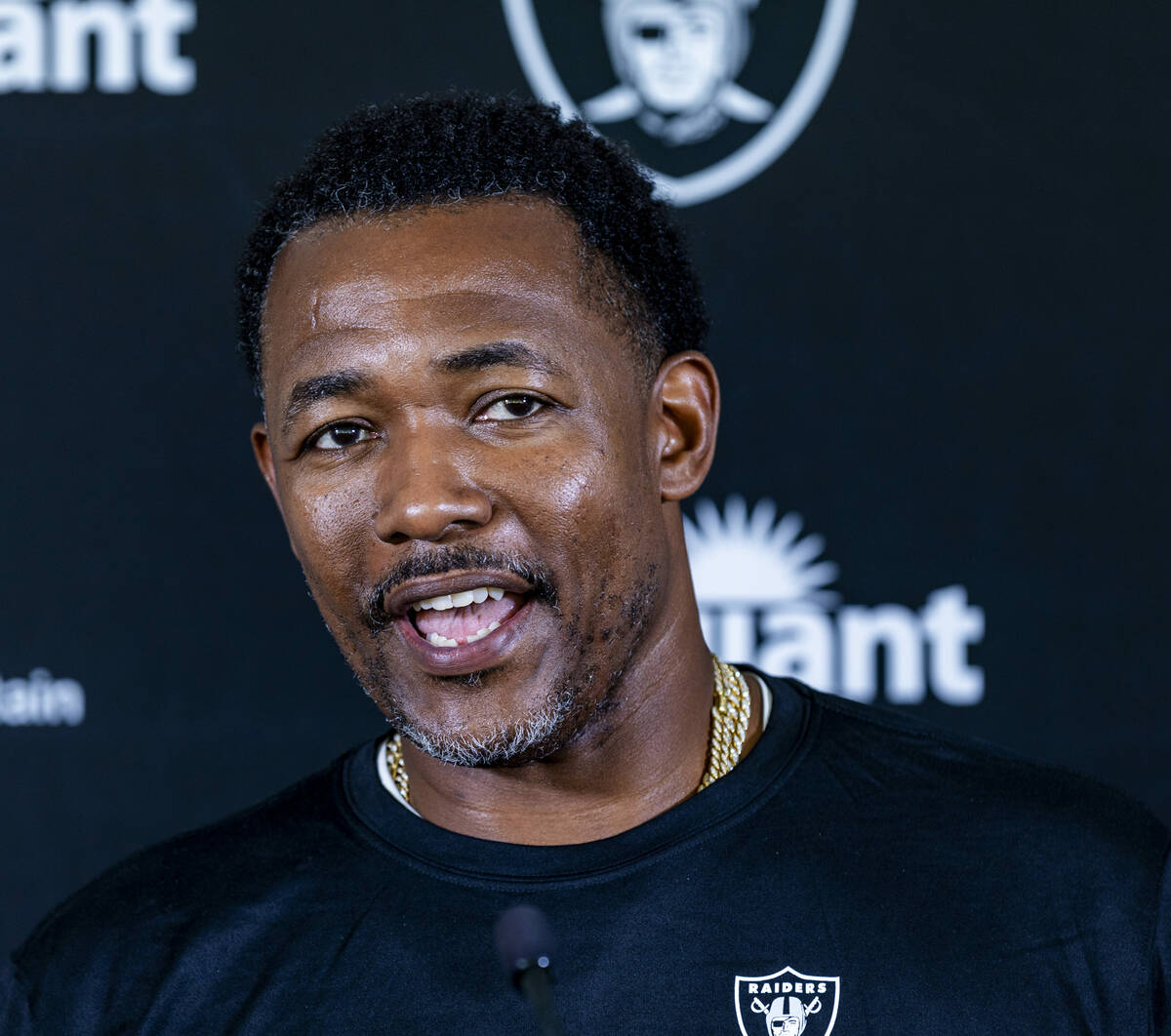 Raiders defensive coordinator Patrick Graham answers a question in a media interview during the ...