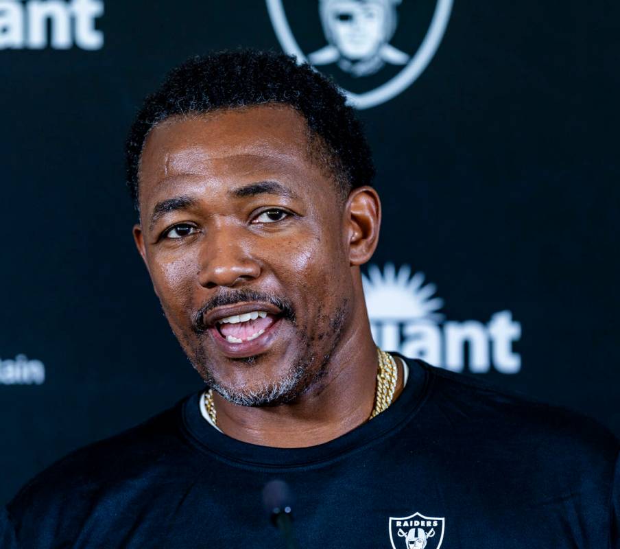 Raiders defensive coordinator Patrick Graham answers a question in a media interview during the ...