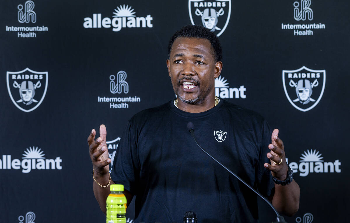 Raiders defensive coordinator Patrick Graham answers a question in a media interview during the ...