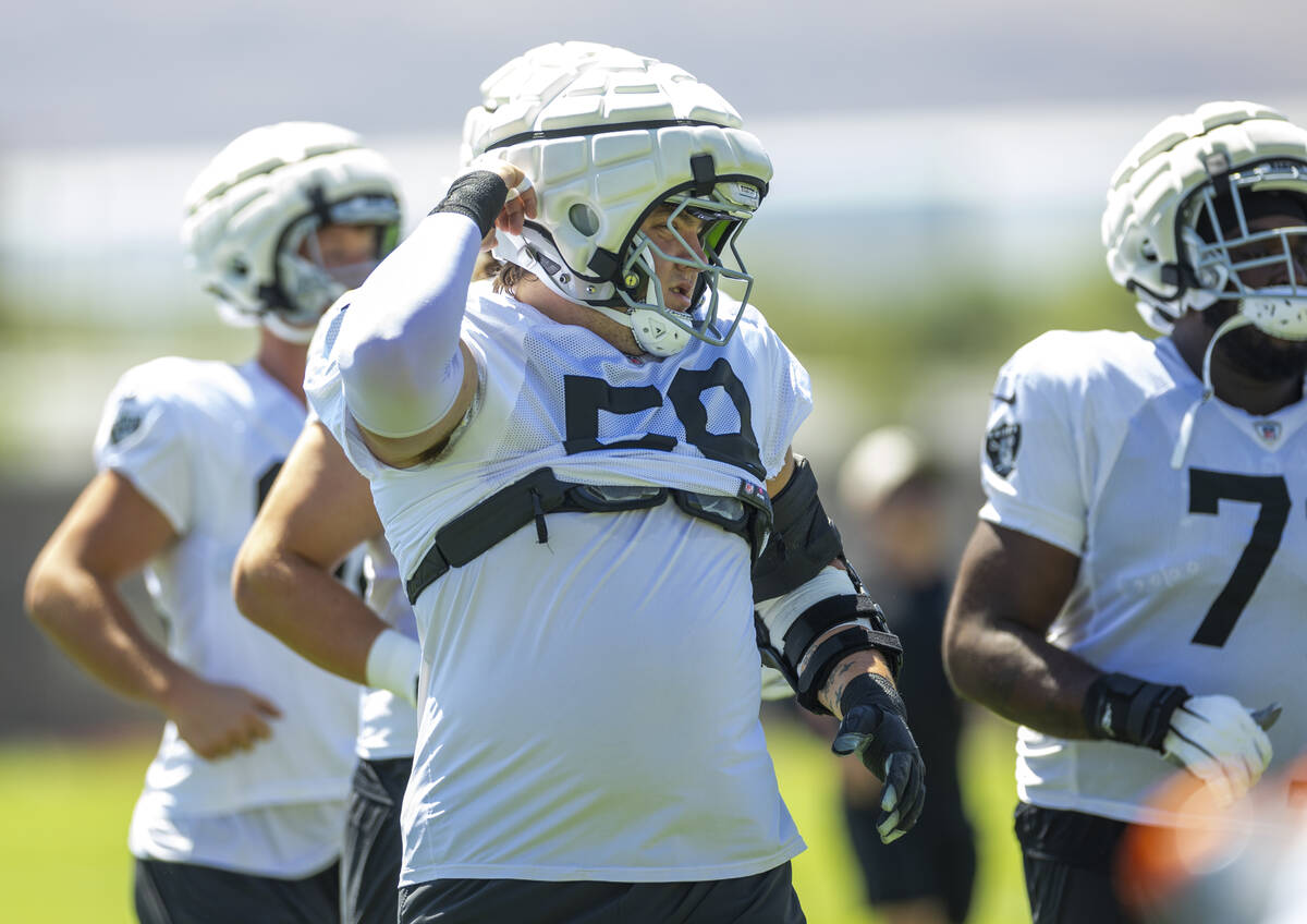 Raiders guard Jackson Powers-Johnson (58) readies for a drill during practice at the Intermount ...