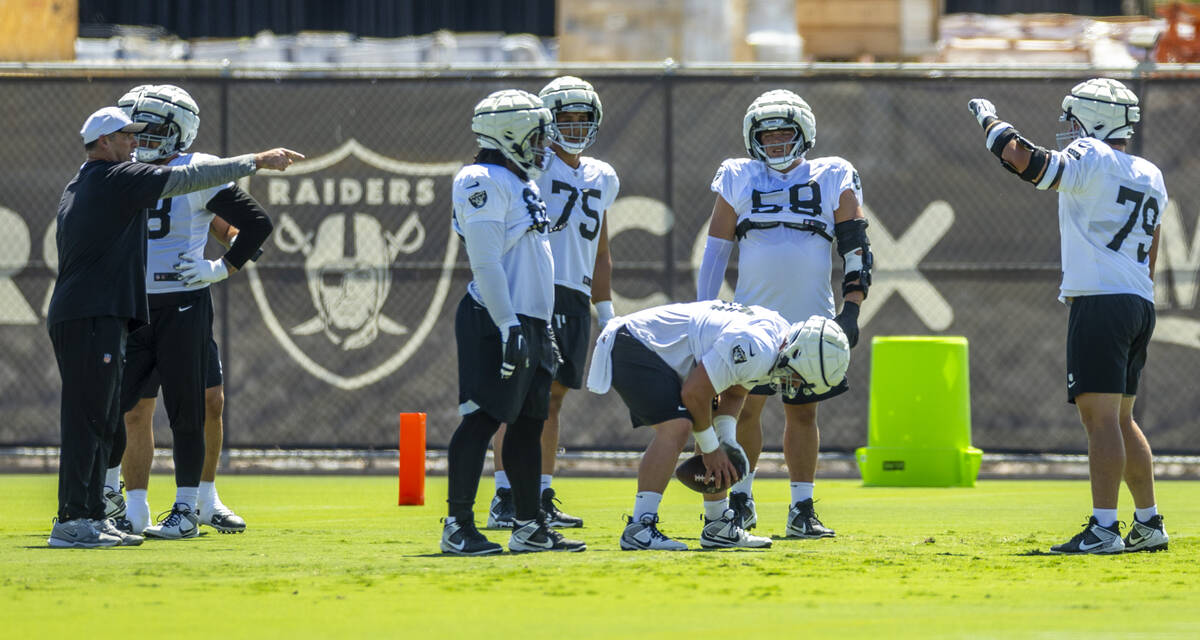 Raiders guard Jackson Powers-Johnson (58) watches a drill during practice at the Intermountain ...