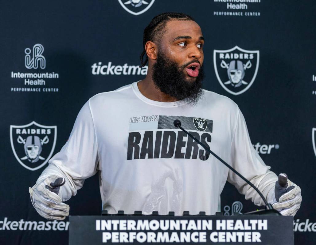 Raiders defensive tackle Christian Wilkins (94) answers a media question following practice at ...