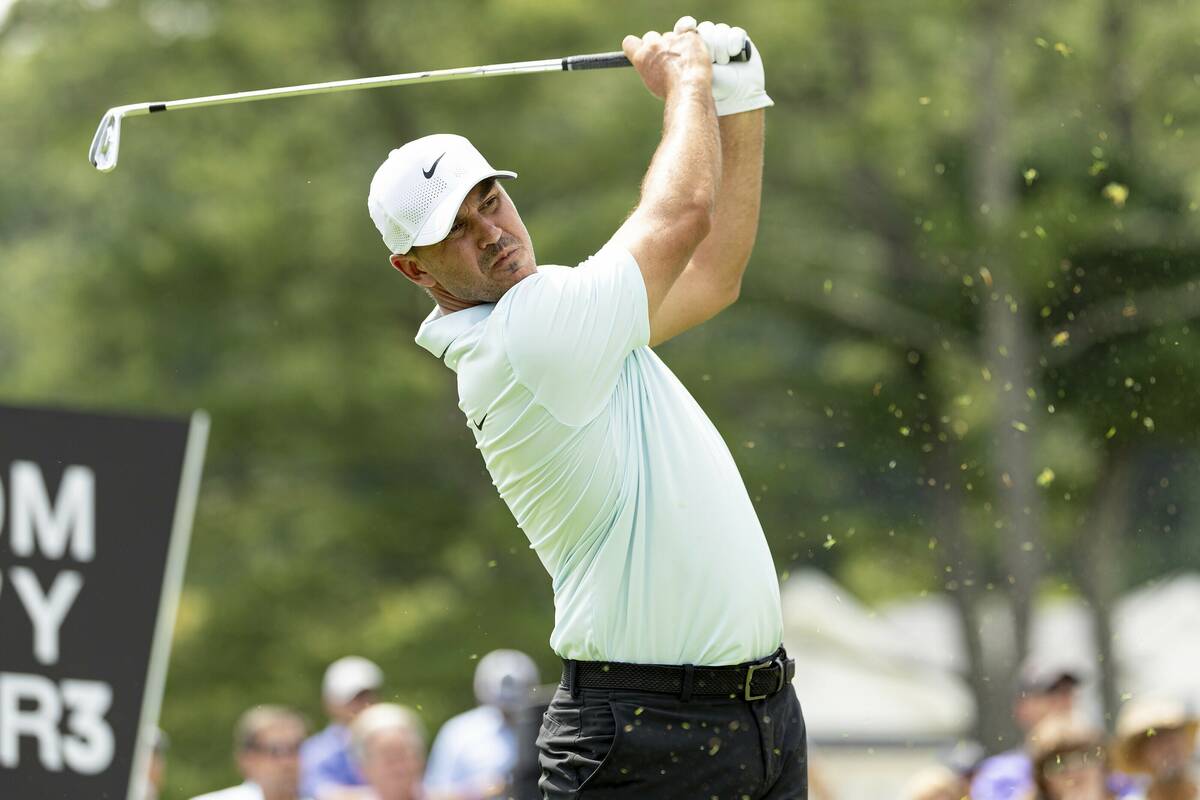 Captain Brooks Koepka, of Smash GC, hits from the 15th tee during the second round of LIV Golf ...