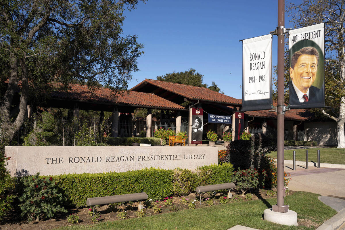 FILE - The Ronald Reagan Presidential Library and Museum entrance in Simi Valley, Calif. (David ...