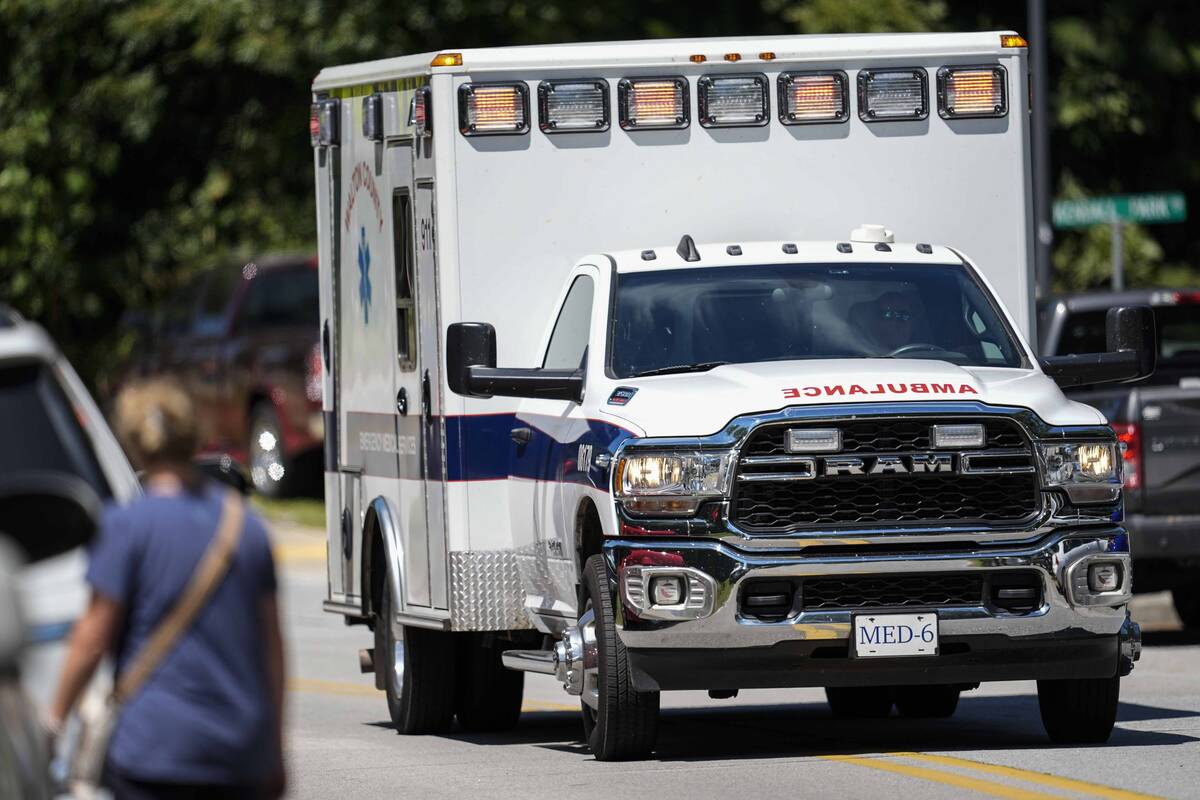 An ambulance departs Apalachee High School after a shooting at the school, Wednesday, Sept. 4, ...