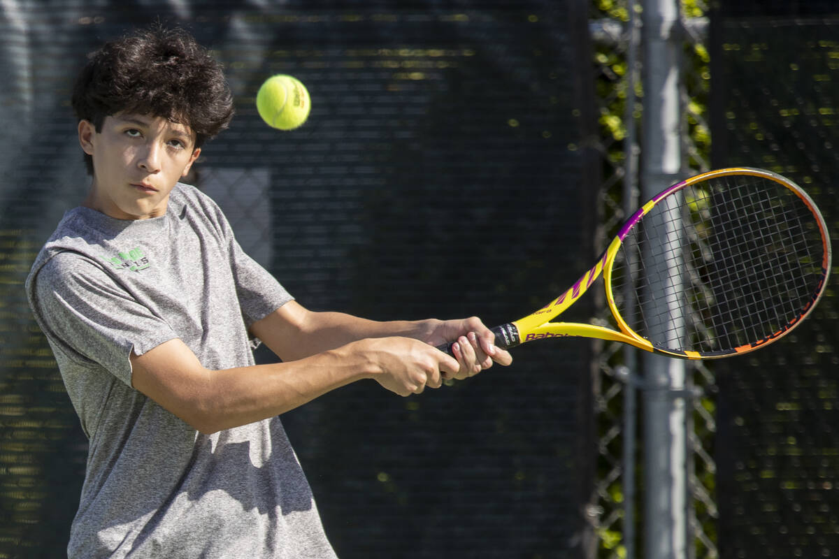 Palo Verde’s Jose Mayorga competes during the high school tennis matches against Clark a ...