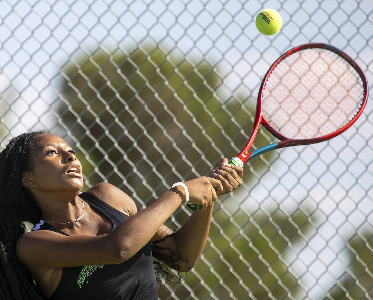 Palo Verde’s Nicole Perrin competes during the high school tennis matches against Clark ...