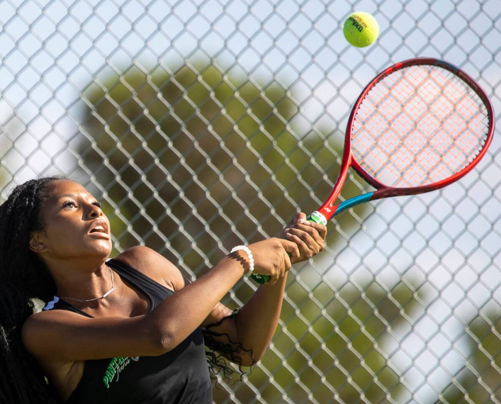 Palo Verde’s Nicole Perrin competes during the high school tennis matches against Clark ...