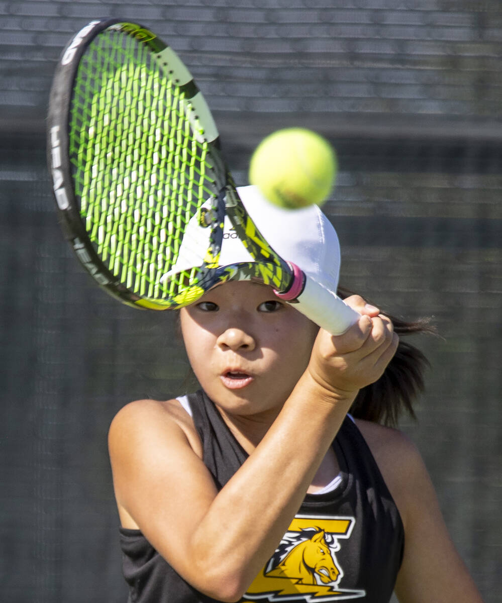 Clark freshman Jane Lee competes during the high school tennis matches against Palo Verde at Pa ...