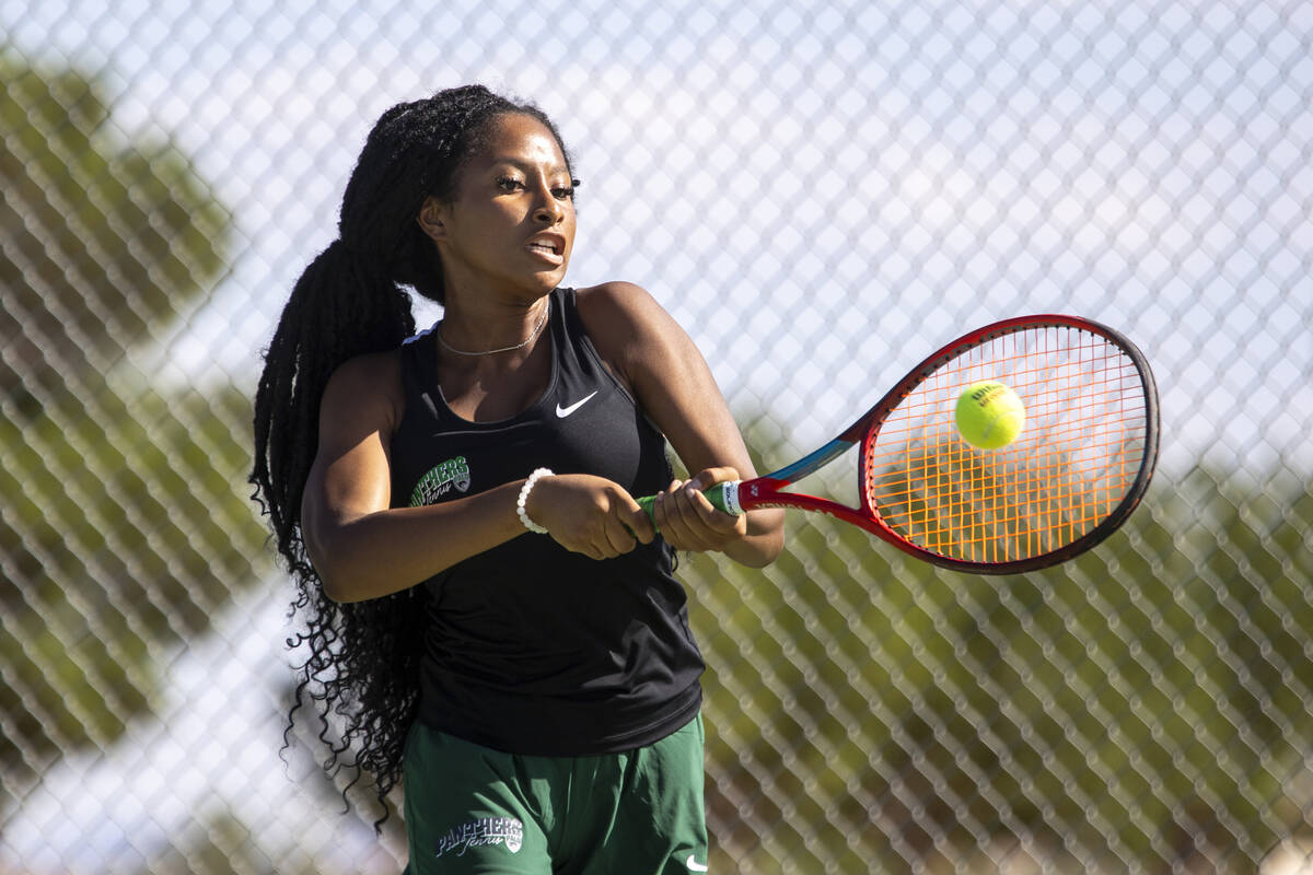 Palo Verde’s Nicole Perrin competes during the high school tennis matches against Clark ...