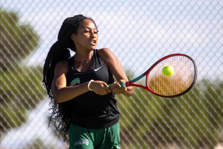 Palo Verde’s Nicole Perrin competes during the high school tennis matches against Clark ...