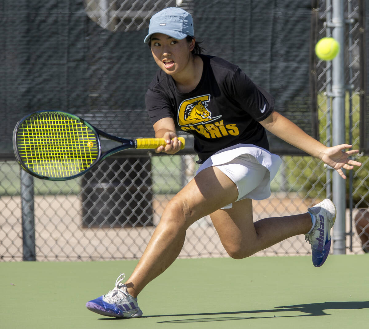 Clark freshman Ayaka Sugai competes during the high school tennis matches against Palo Verde at ...