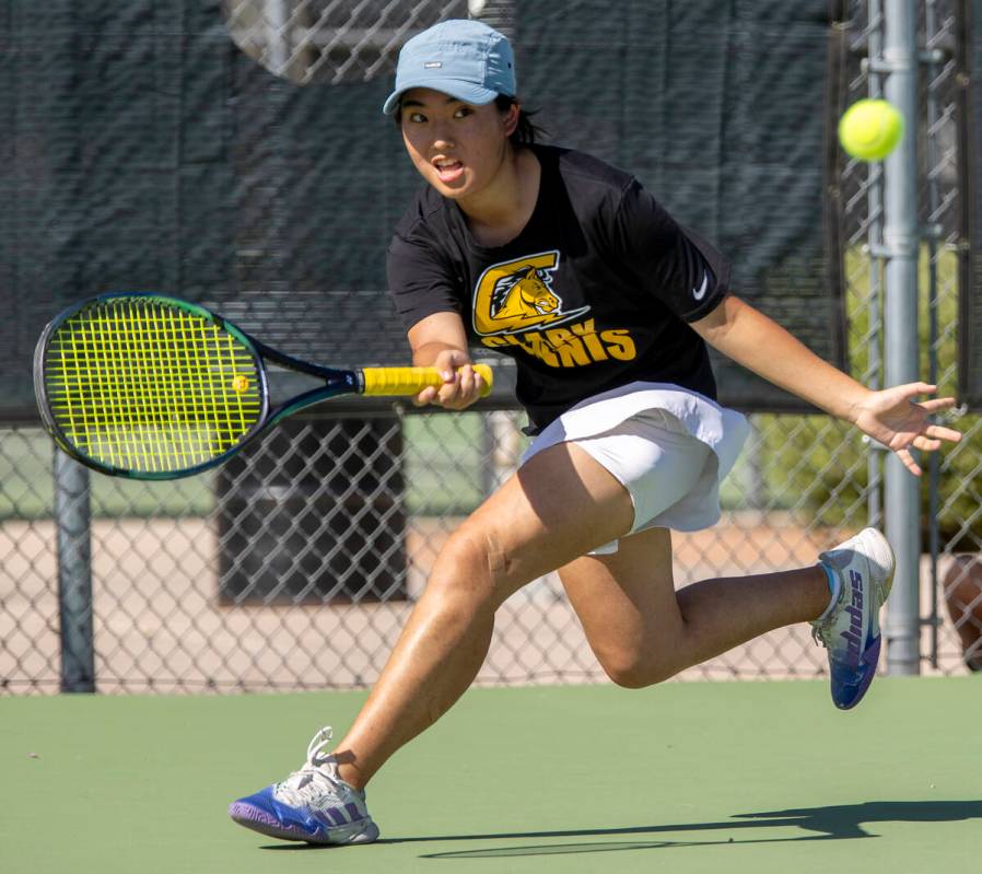 Clark freshman Ayaka Sugai competes during the high school tennis matches against Palo Verde at ...