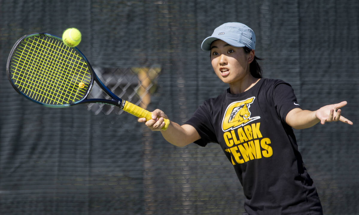 Clark freshman Ayaka Sugai competes during the high school tennis matches against Palo Verde at ...