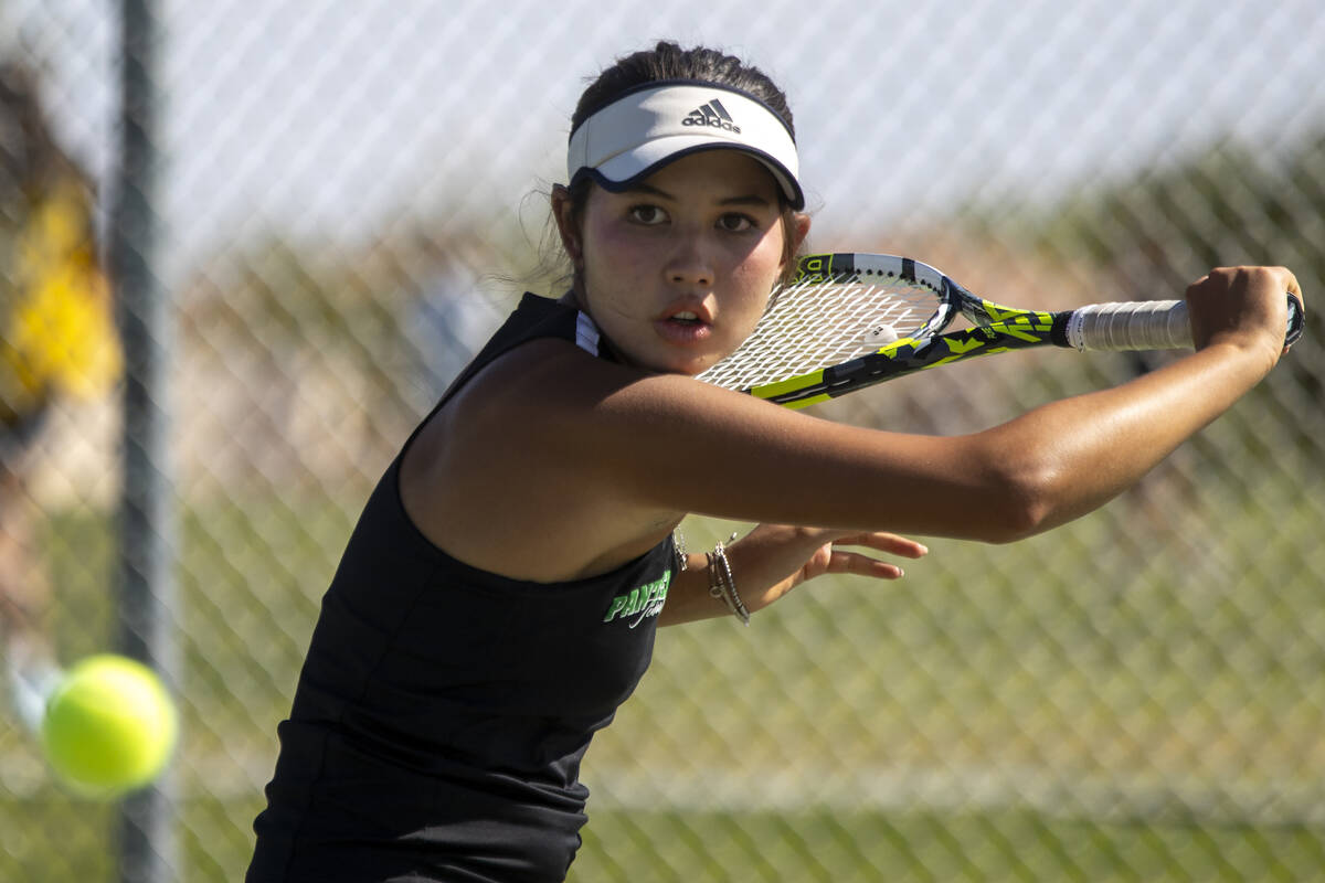 Palo Verde’s Addison Lee competes during the high school tennis matches against Clark at ...