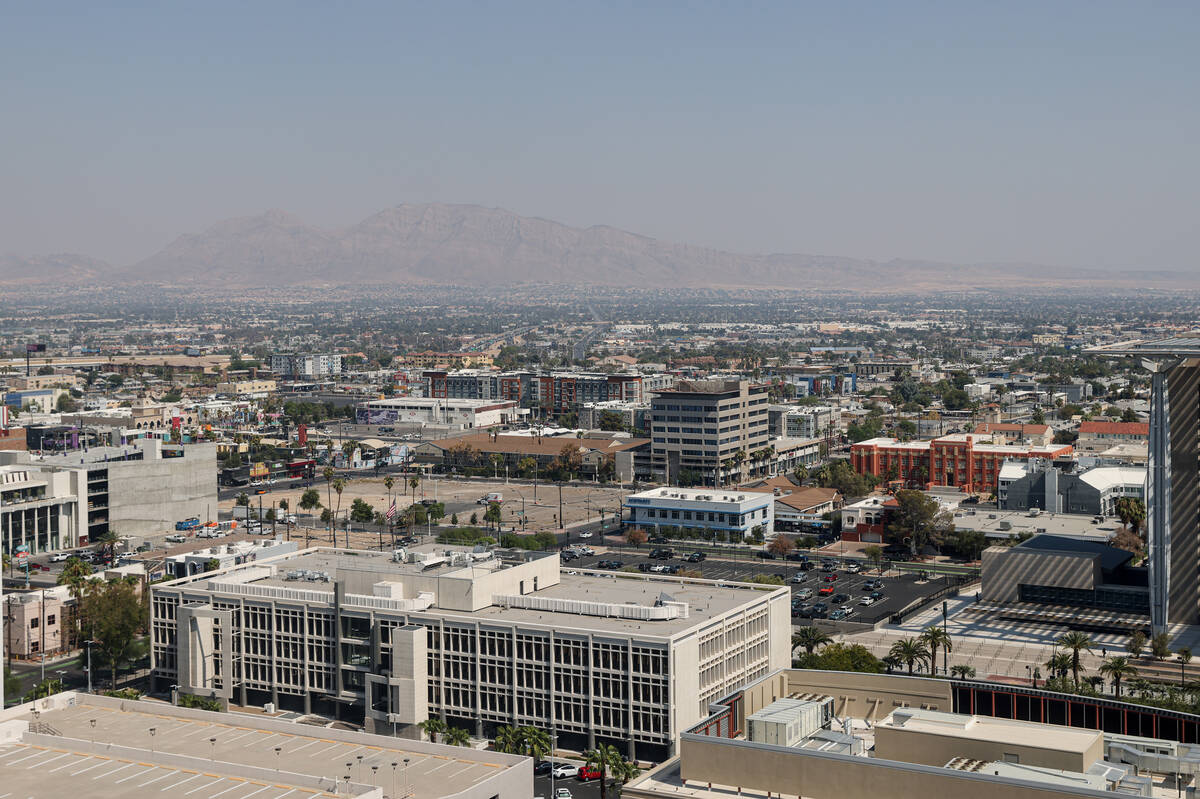 Haze over the Las Vegas Valley from wildfires in Oregon and Idaho is seen from the Regional Jus ...