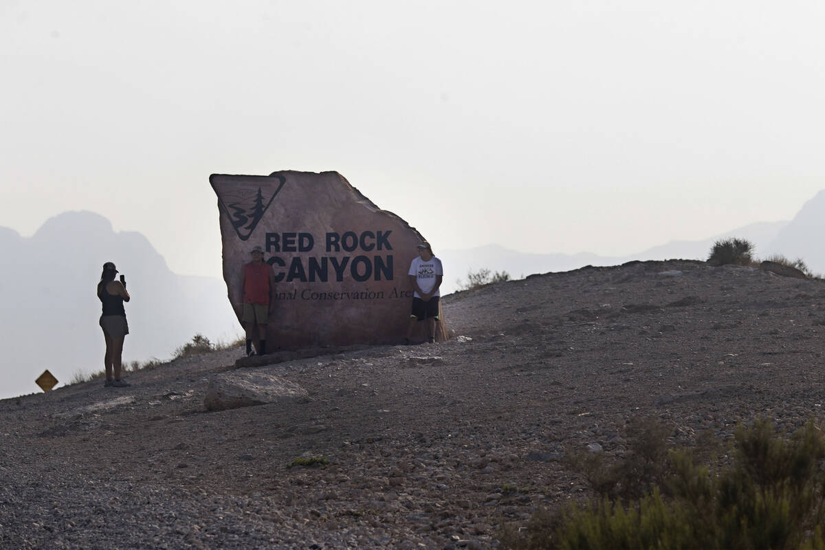 Smoky skies are seen from Red Rock Canyon in Las Vegas, Saturday, Aug. 7, 2021. (Las Vegas Revi ...