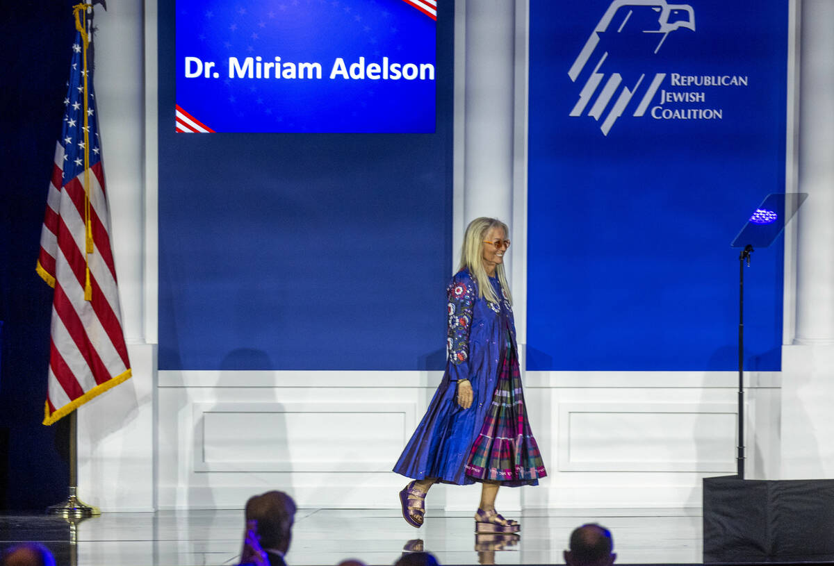 Dr. Miriam Adelson arrives on stage to speak during the Republican Jewish Coalition’s an ...