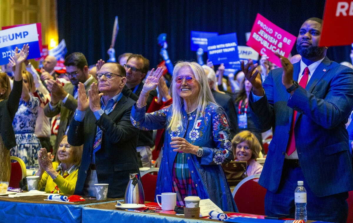 Dr. Miriam Adelson waves to former-President Donald Trump speaking via telecast during the Repu ...