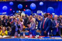 Dr. Miriam Adelson watch balloons come down following former-President Donald Trump speaking vi ...