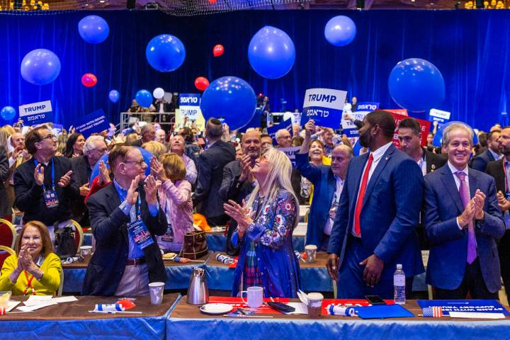 Dr. Miriam Adelson watch balloons come down following former-President Donald Trump speaking vi ...