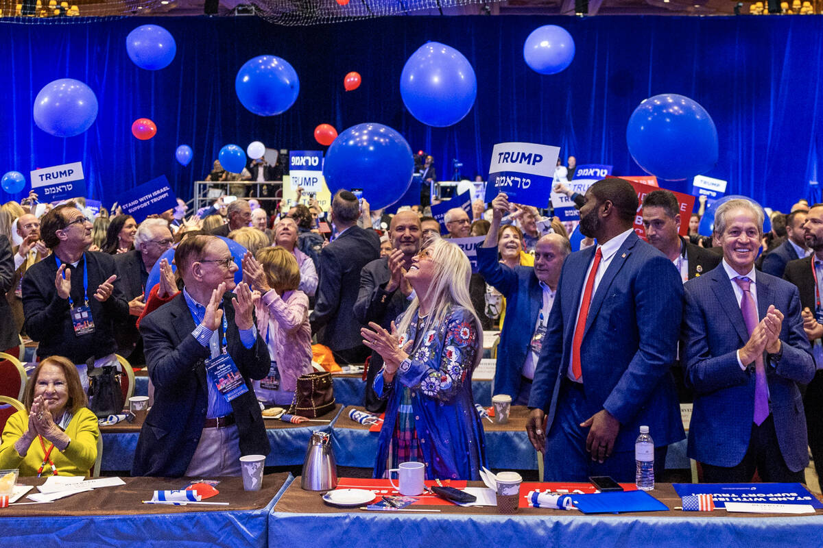 Dr. Miriam Adelson watch balloons come down following former-President Donald Trump speaking vi ...