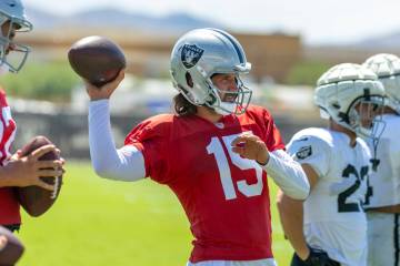 Raiders quarterback Gardner Minshew (15) readies for a light toss during a drill in practice at ...