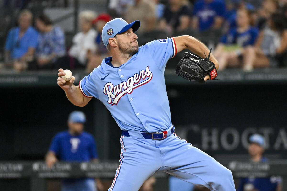 Texas Rangers starting pitcher Max Scherzer throws in his first baseball game back from the inj ...