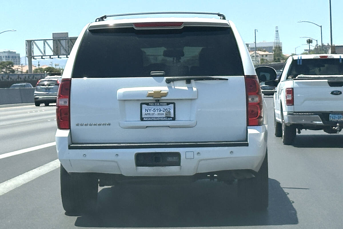 A car with temporary plates that expired April 7, 2024, is seen May 31, 2024, in Las Vegas. (Sa ...