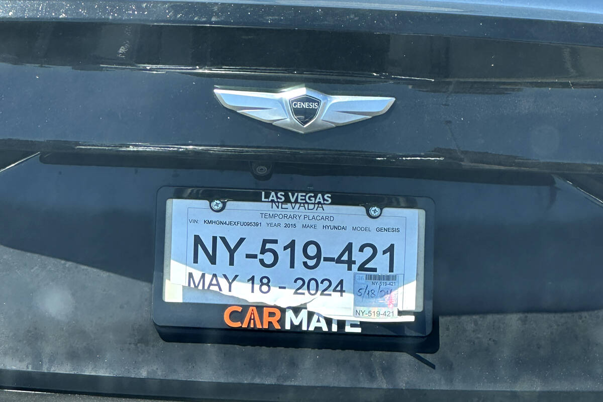 A car with temporary plates which expired May 18, 2024, is seen June 16, 2024, in Las Vegas. (S ...