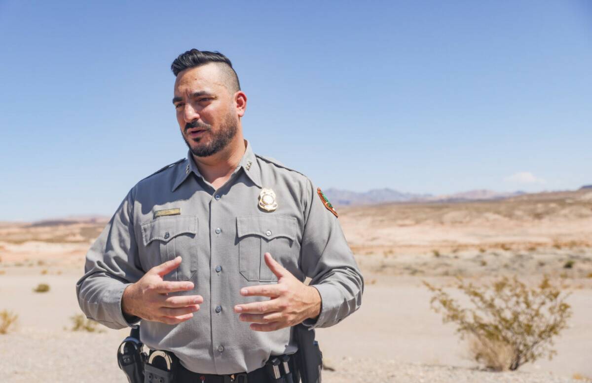 National Park Service Ranger Mike Garel speaks with the Review-Journal near Government Wash in ...