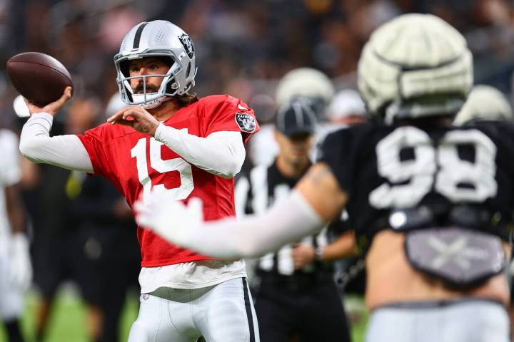 Raiders quarterback Gardner Minshew II (15) throws up the field during an NFL football practice ...