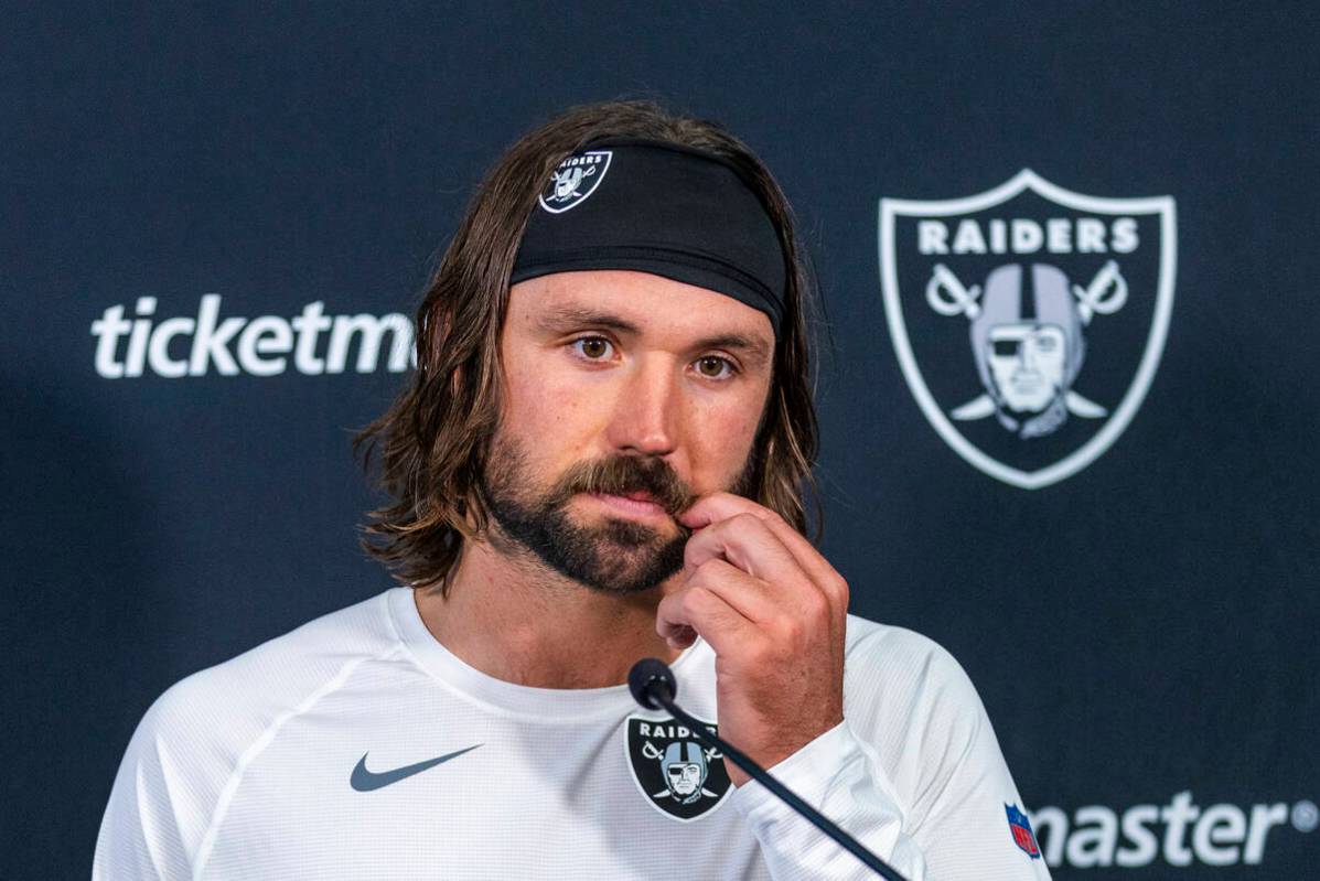 Raiders quarterback Gardner Minshew (15) considers a media question after practice at the Inter ...