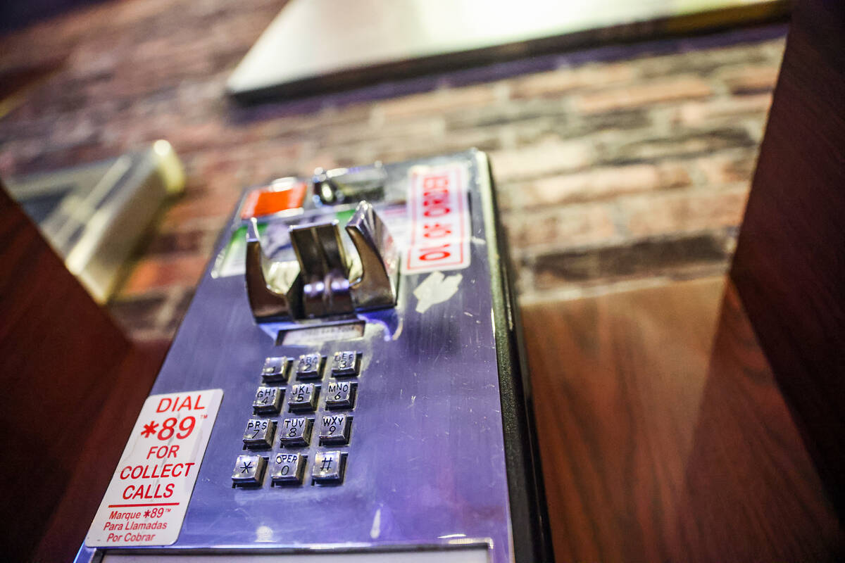 A pay phone at Jerry Nugget’s hotel-casino in North Las Vegas, Wednesday, Aug. 28, 2024. (Rac ...