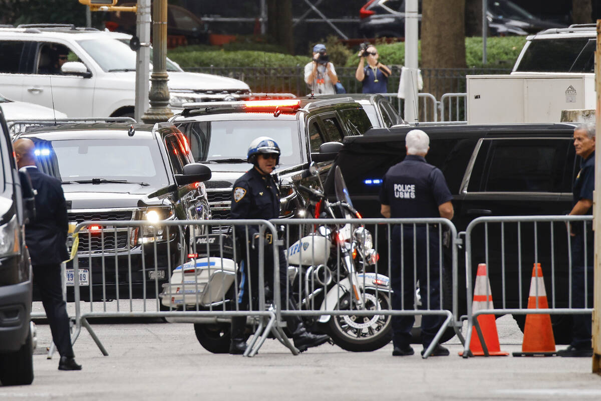 Former President Donald Trump's motorcade arrives to the New York Federal Court, Friday, Sept. ...