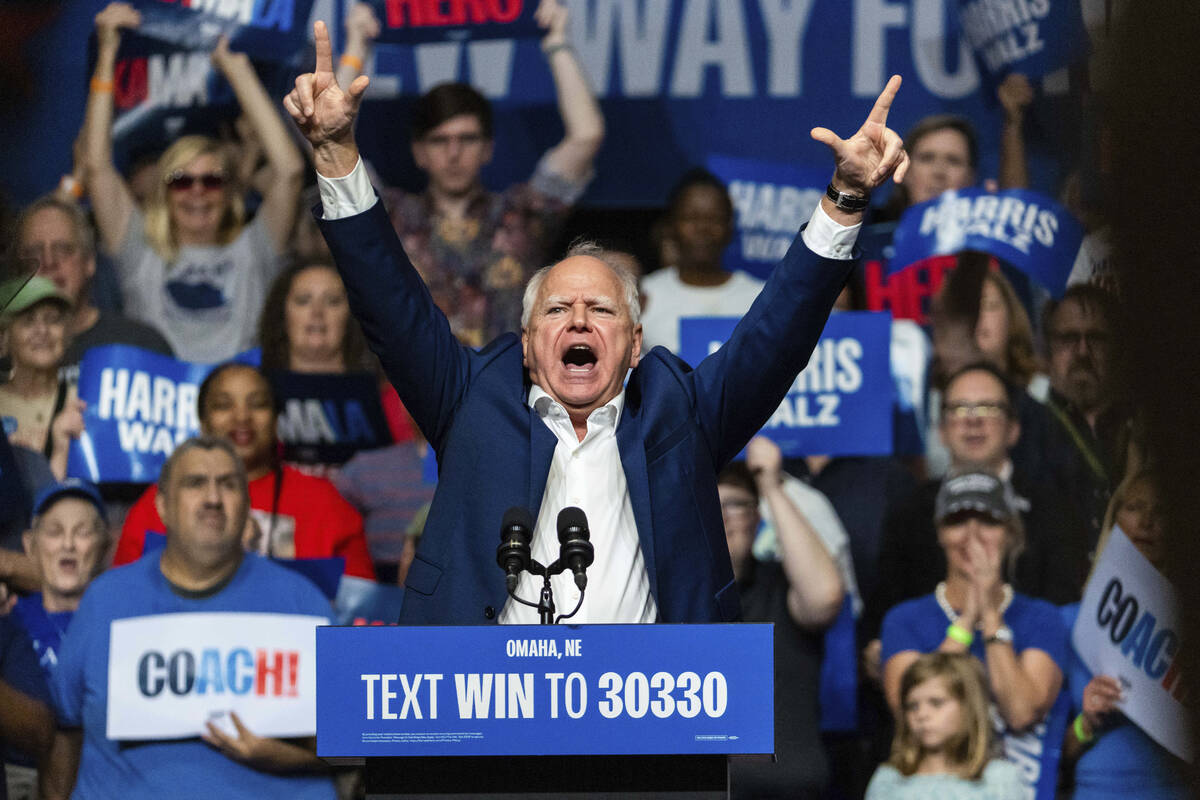 Democratic vice presidential nominee Minnesota Gov. Tim Walz speaks at a campaign rally, Saturd ...