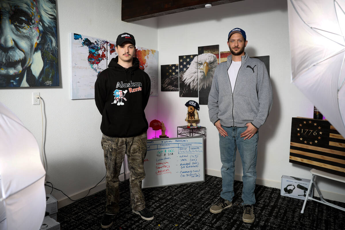 Podcasters Aidan McCallan, left, and Marcus Moore in their podcast studio at Moore’s hom ...