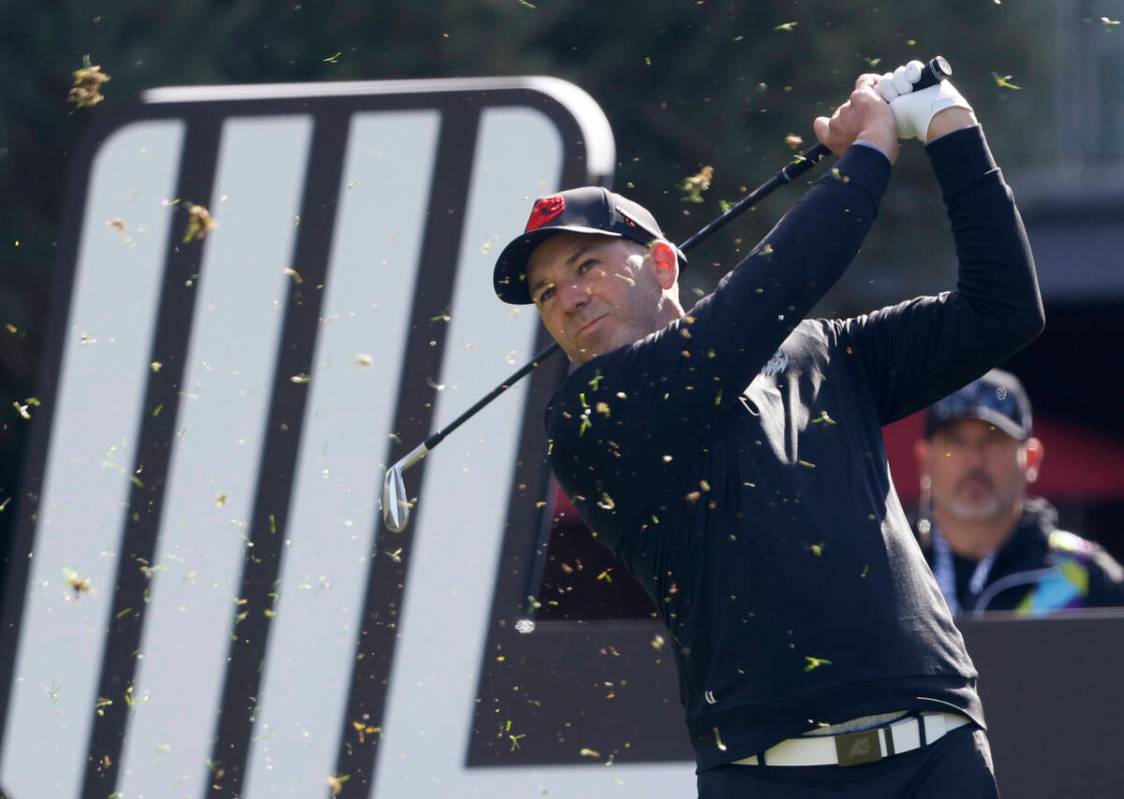 Sergio Garcia of team Fireballs GC drives off the tee during the first round of LIV Golf Las Ve ...