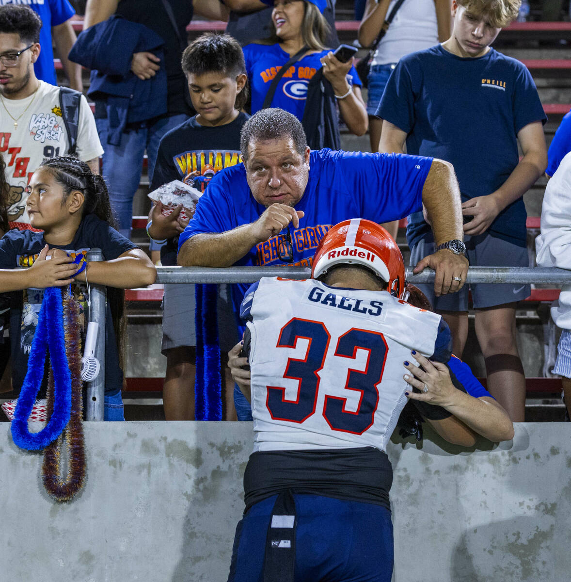 Bishop Gorman defensive lineman Ryan Baalbaky (33) is comforted after a loss to Mater Dei in th ...