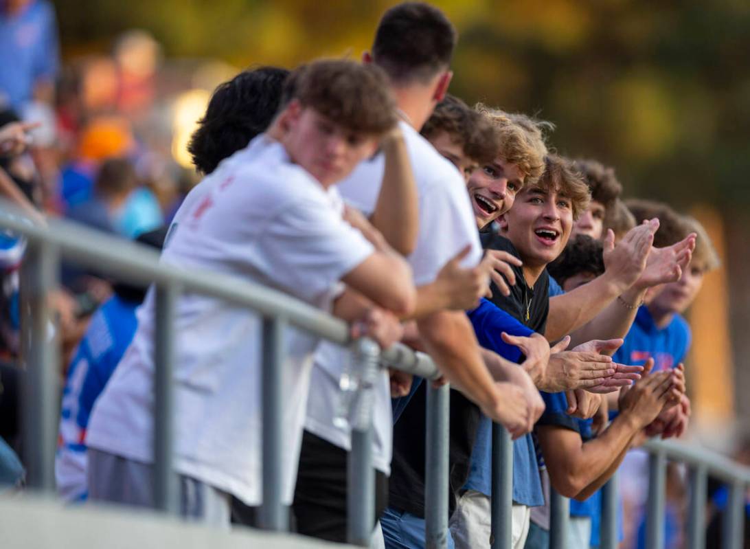 Bishop Gorman fans cheer as they face Mater Dei during the first half of their high school foot ...