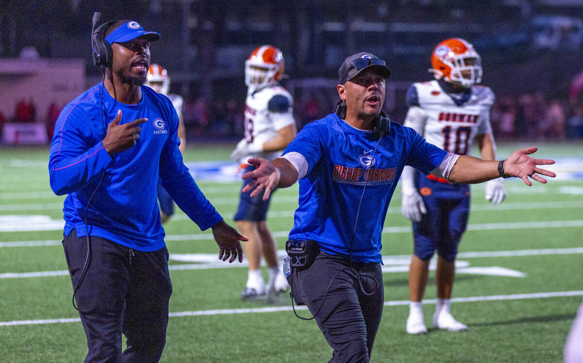 Bishop Gorman head coach Brent Browner argues that Mater Dei was intercepted in the end zone du ...