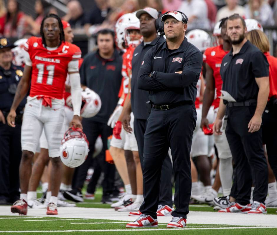 UNLV head coach Barry Odom watches the play during the college football game against Utah Tech ...