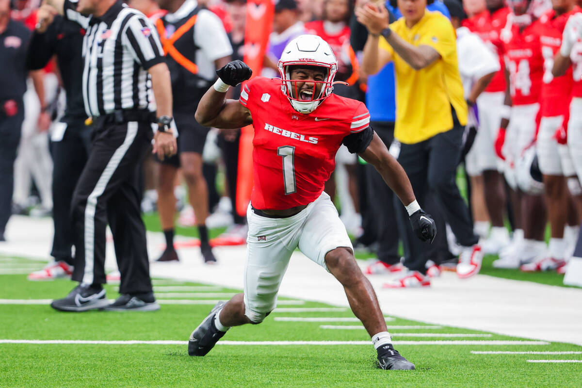 UNLV defensive back Jalen Catalon (1) celebrates a tackle during an NCAA football game between ...