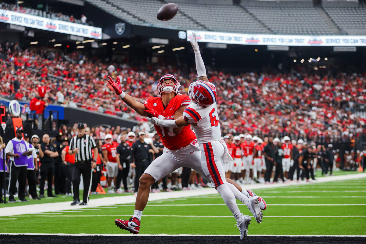 UNLV tight end Kaleo Ballungay (19) misses an intended throw in the end zone as Utah Tech Trail ...